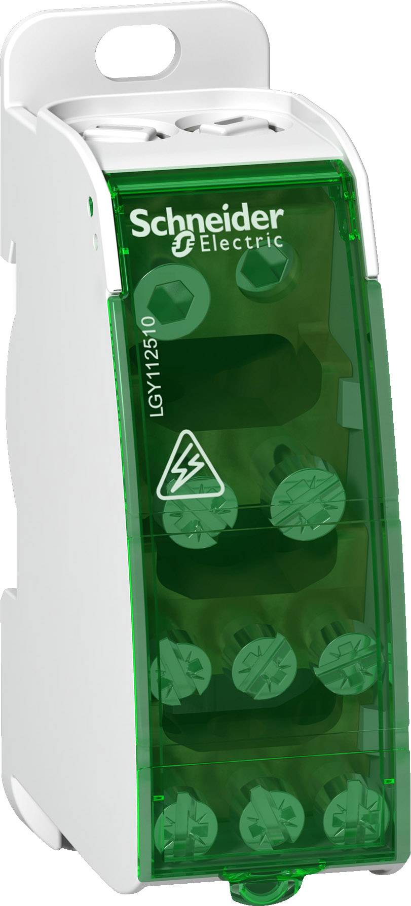 En grøn sikringsholder fra Schneider Electric, model LGY112501, med elektriske symboler, tjener til sikker strømfordeling.