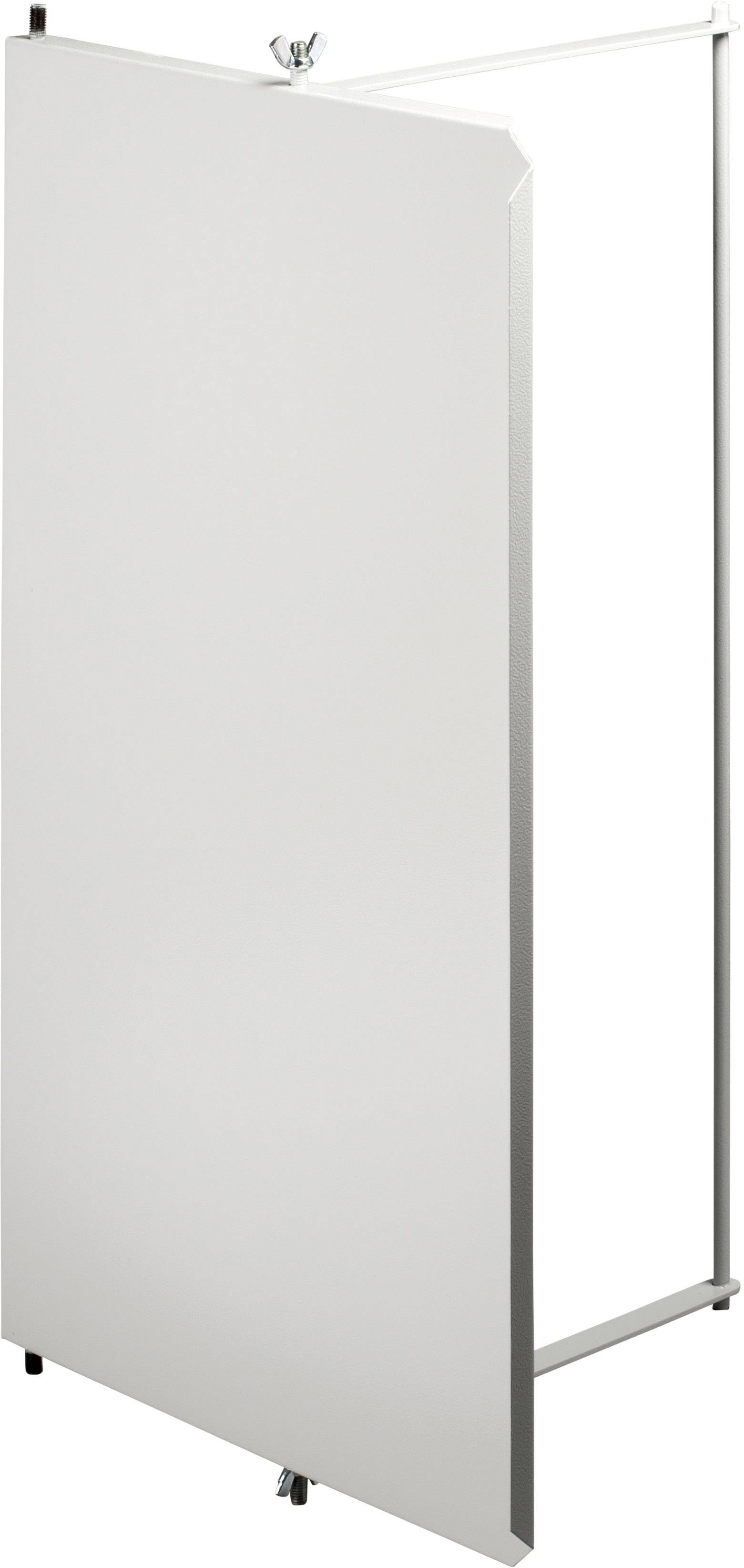 Et hvidt element er fastgjort til en metalramme, muligvis en del af et displaysystem eller en skillevæg.