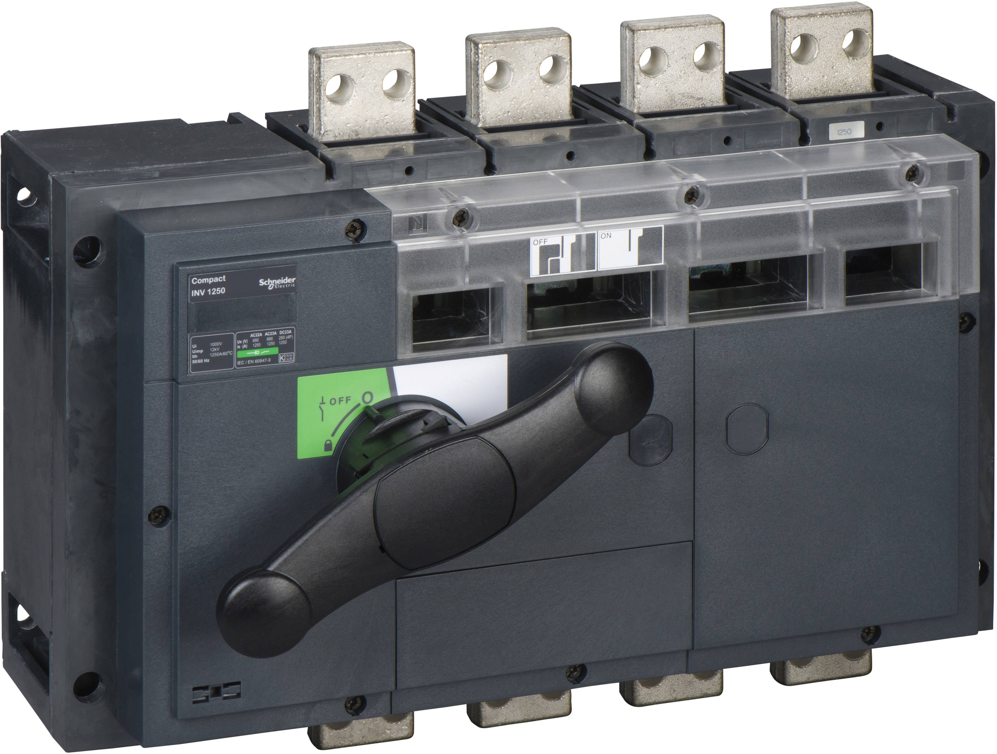 Schneider Electric Compact NSX1250 effektafbryder, fipolet, med sort betjeningshåndtag i 'OFF'-position og sølvfarvede tilslutningsklemmer.