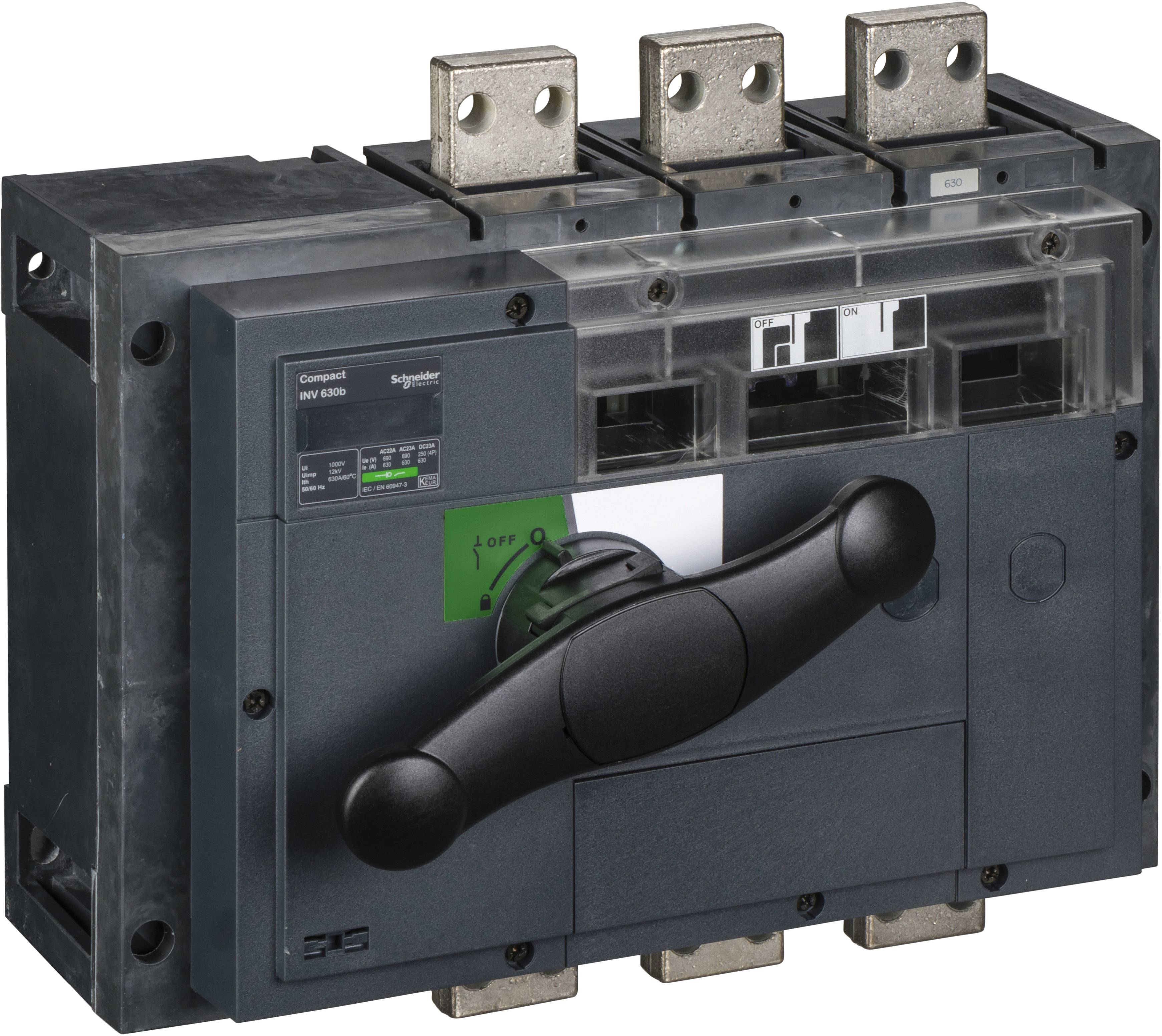 Schneider Electric kompakt effektafbryder, grå kabinet, sort afbryderarm, tre flade tilslutninger øverst.