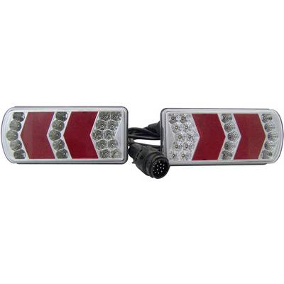 Baglygter med røde pile og hvide LED-lys, forbundet med et kabel med et rundt, flerpolet stik.