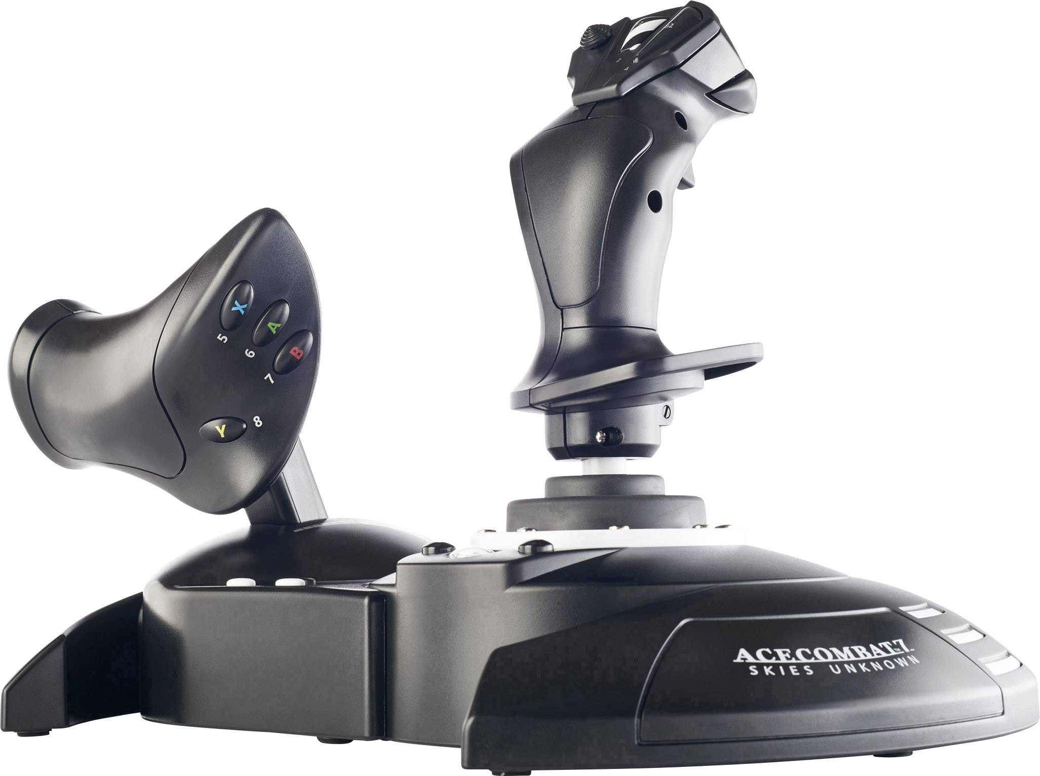 En joystick med et greb til flysimulationer, identificerbar ved titlen 'Ace Combat 7: Skies Unknown'. Indeholder knapper til styring.