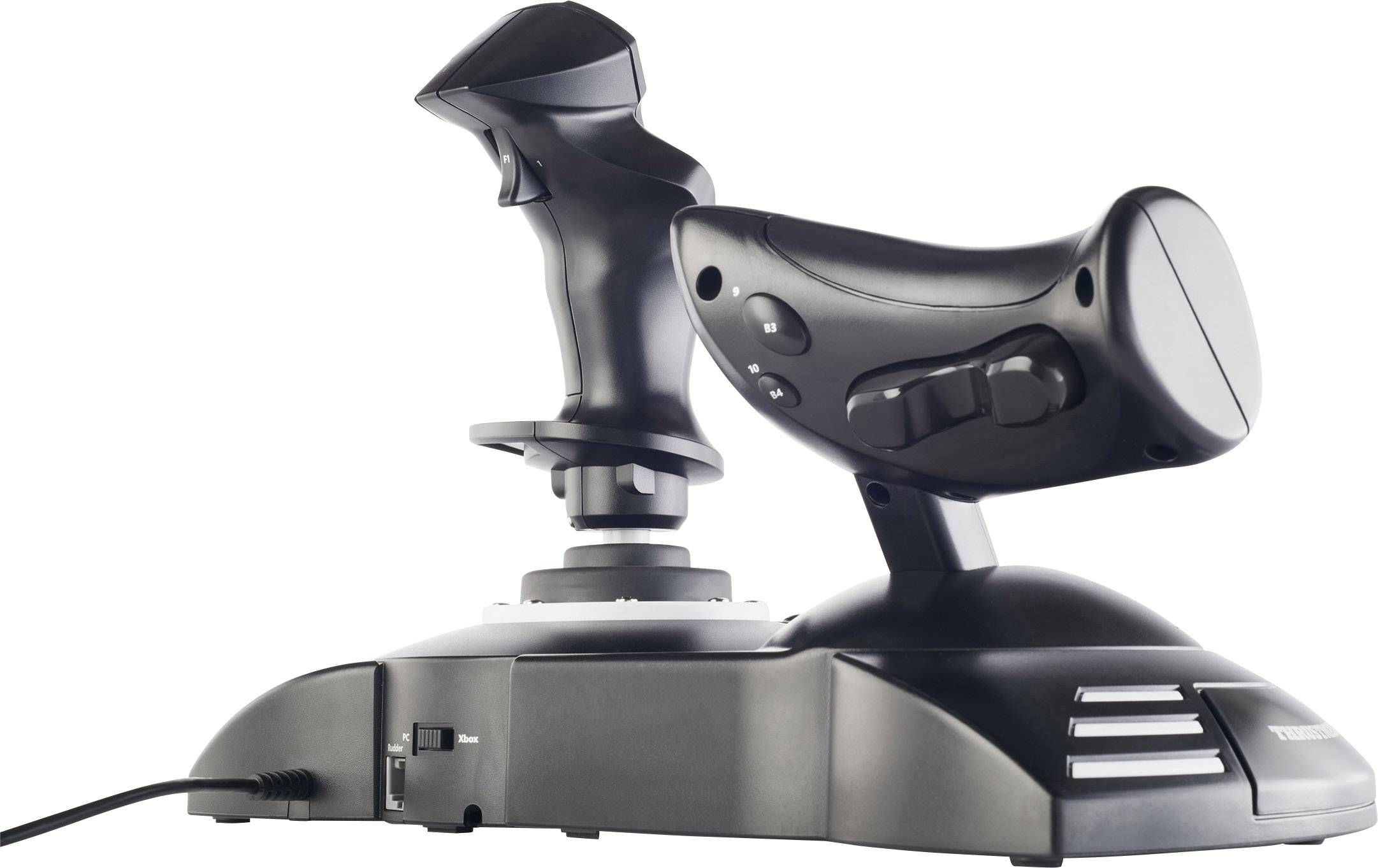 En sort joystick med base, egnet til flyvesimulatorer og andre computerspil, viser knapper og styrehåndtag.