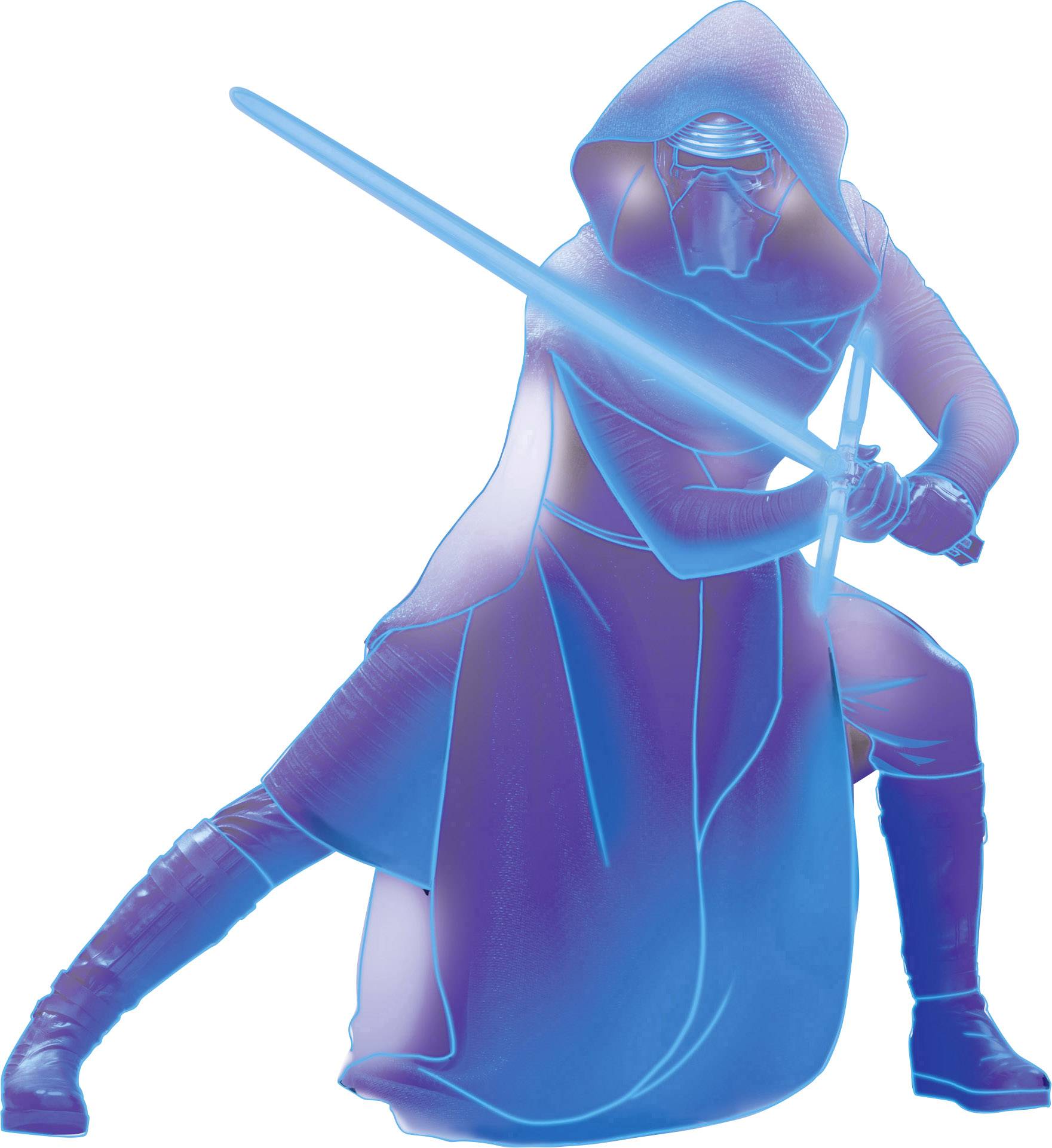 En figur i en hætte påklædning holder et blåt lysværd i kampstilling.