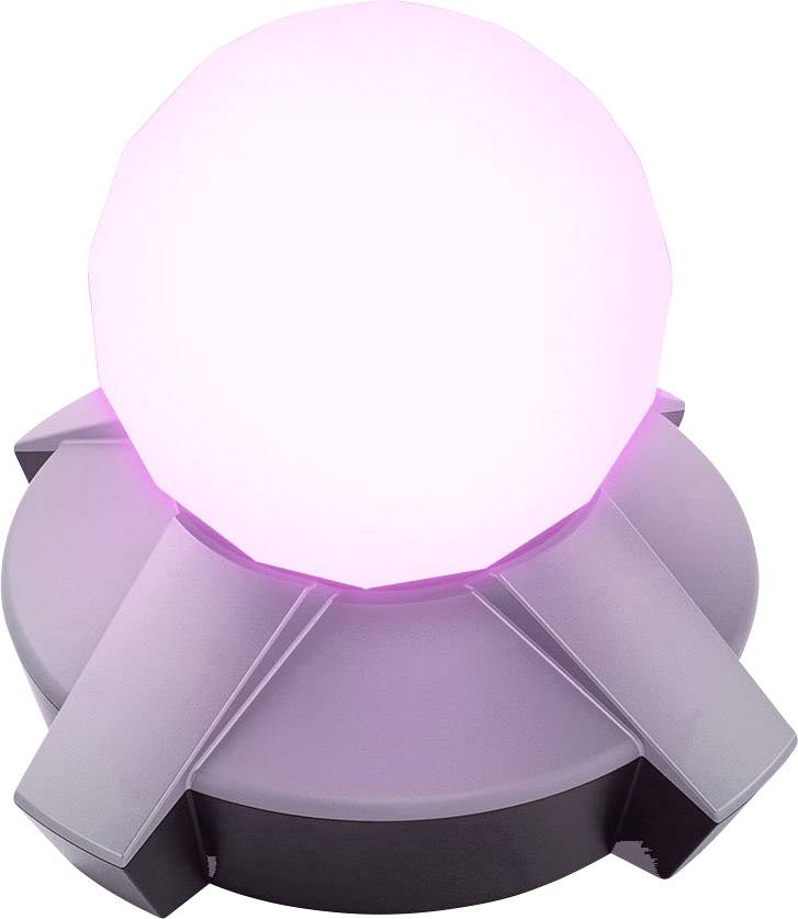 En dekorativ, futuristisk lampe med en lyserød lysende kugleformet top placeret på en grå, stjerneformet base.