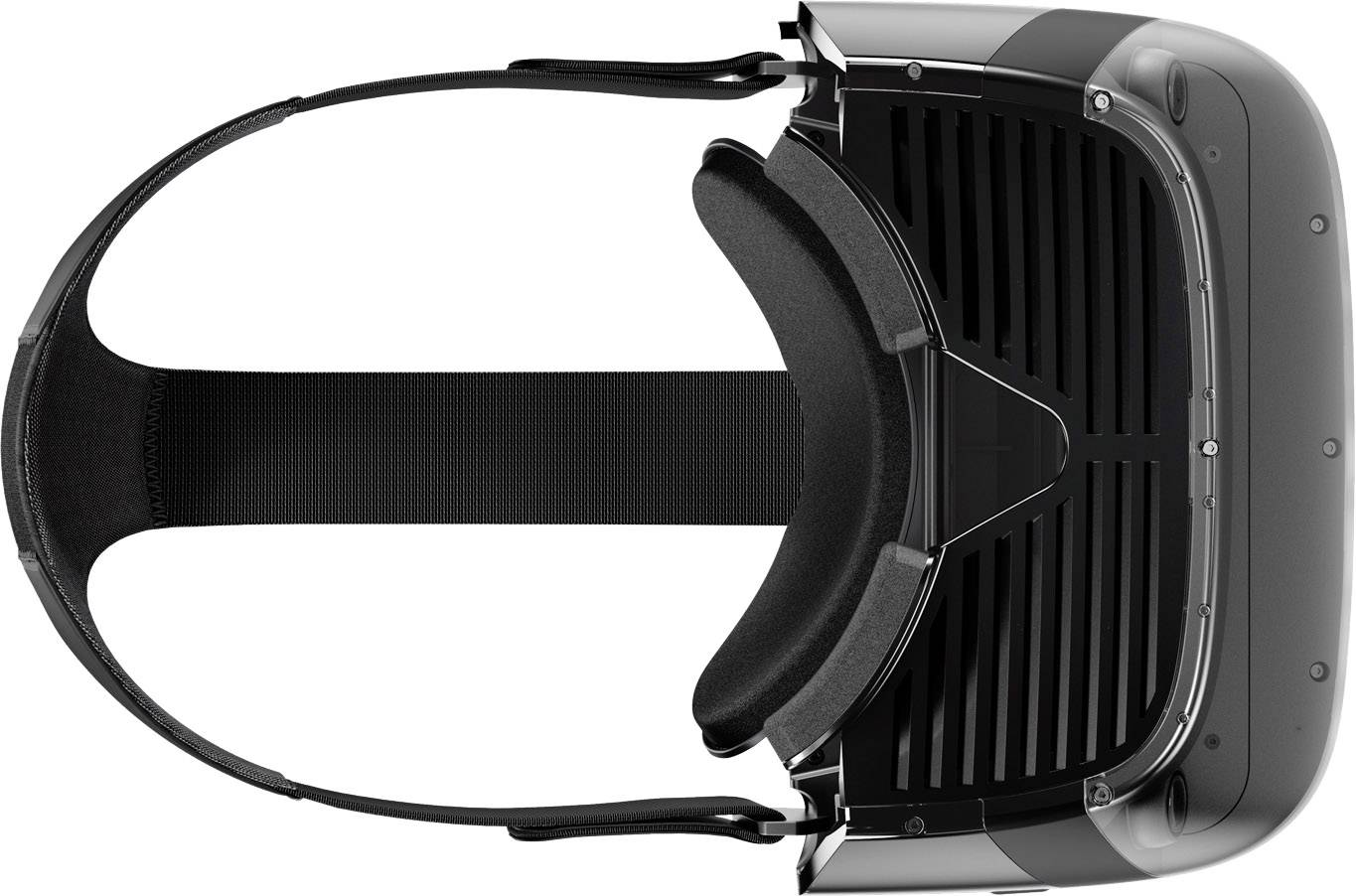 VR-headset set fra oven. Hovedbåndet og forsiden med køleribber er synlige.