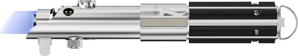 Et sølvfarvet greb med sort detalje og blåt lys, der minder om et science fiction-energisværd.