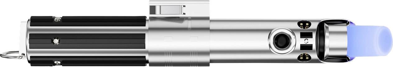 Et sølv-blå lightsaber-håndtag med sort grebområde og blå lysende klinge; science fiction-våben.