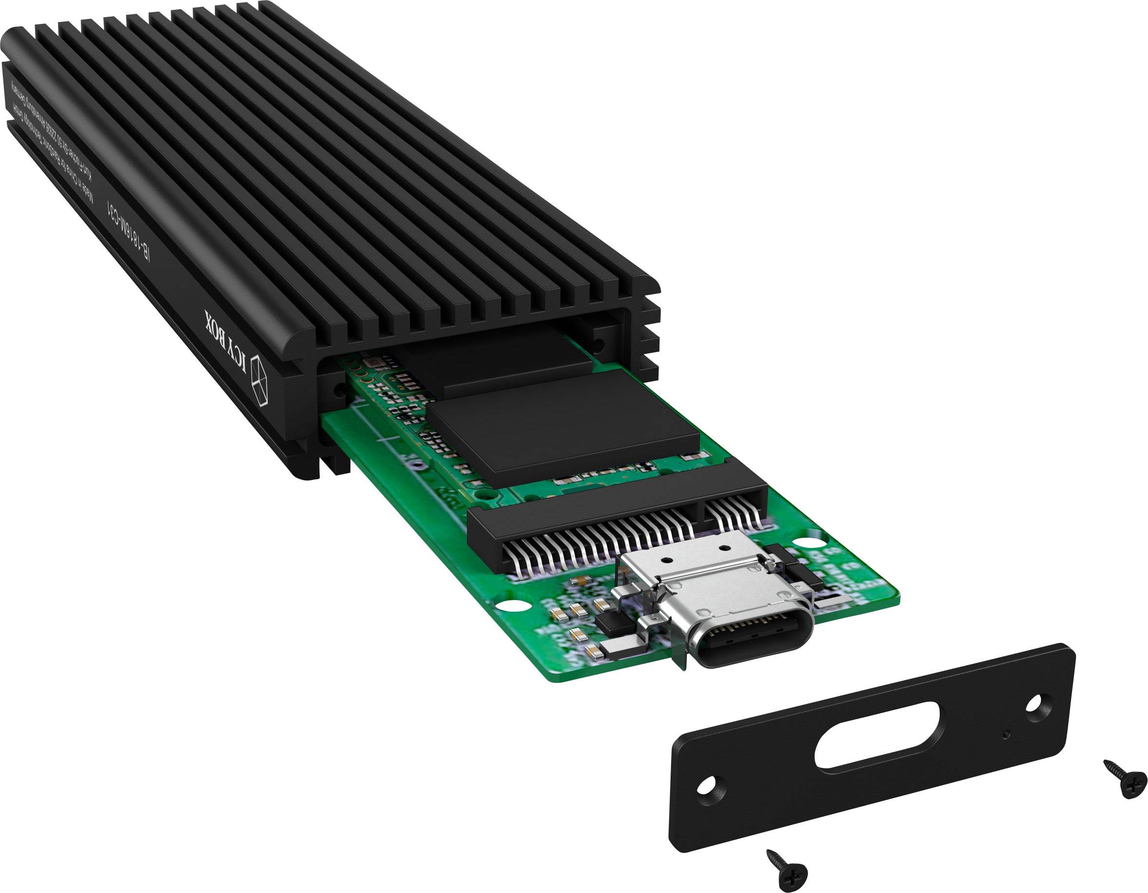 Et åbent elektronikkabinet viser et grønt printpanel med en USB-C-forbindelse. To små skruer og et låg ligger ved siden af.