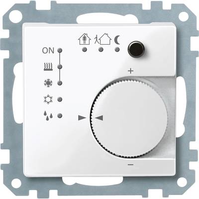 En varmeregulator med drejeknap og symboler for opvarmning, køling, ventilation og natdrift. Foroven en knap til Til/Fra.