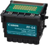 Et Canon PF-04 printerhoved, sort hus med grønt kredsløb øverst, etiket med varemærkenavn og modelnummer synlig.