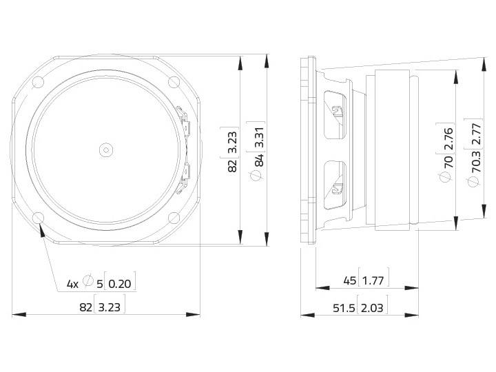 Teknisk tegning af en højtaler. Front- og sidevisning med mål. Diameter og højde angivet i millimeter og tommer.