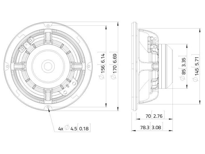 Teknisk tegning af højtaler med mål i millimeter og tommer: Diameter 156/170 mm, dybde 78,3 mm, fire skruehuller.