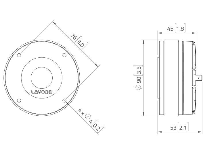 Tegning af en cylindrisk komponent med diameter på 90 mm og højde på 53 mm. Indeholder boringer og dimensionsangivelser.
