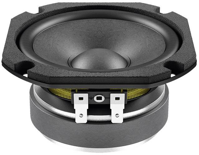 En rund højtaler med sort ramme og membran, placeret i midten, viser forsiden af en typisk hi-fi-lydkomponent.