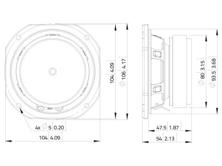 Teknisk tegning af højttaler med dimensioner i millimeter: Diameter 104, højde 47,5. Forskellige perspektiver vist.