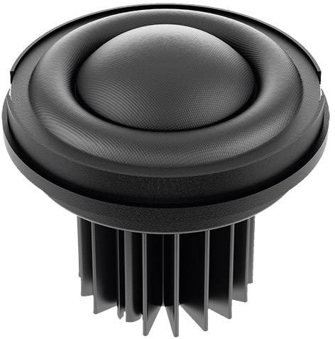 Sort, cirkulær højtaler med riflet overflade og ribbemønster på undersiden, sandsynligvis til lydforstærkning.