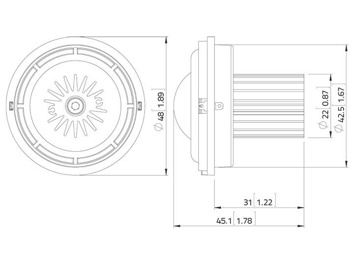 Teknisk tegning af en rund ventilatorenhed med dimensioner: diameter 189 mm, dybde 31 mm; detaljeret sidevisning.