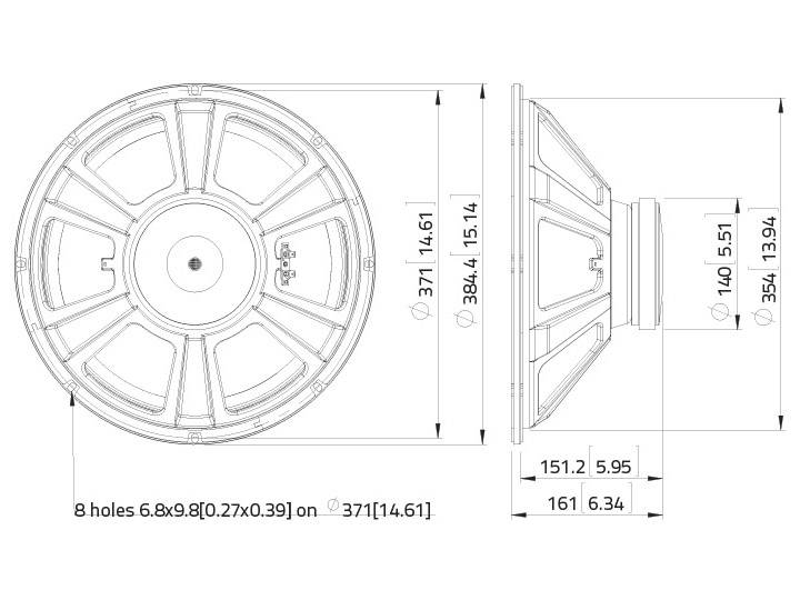 Teknisk tegning af en højtaler med detaljerede mål: Ydre diameter 371 mm, dybde 151,2 mm, 8 monteringshuller.