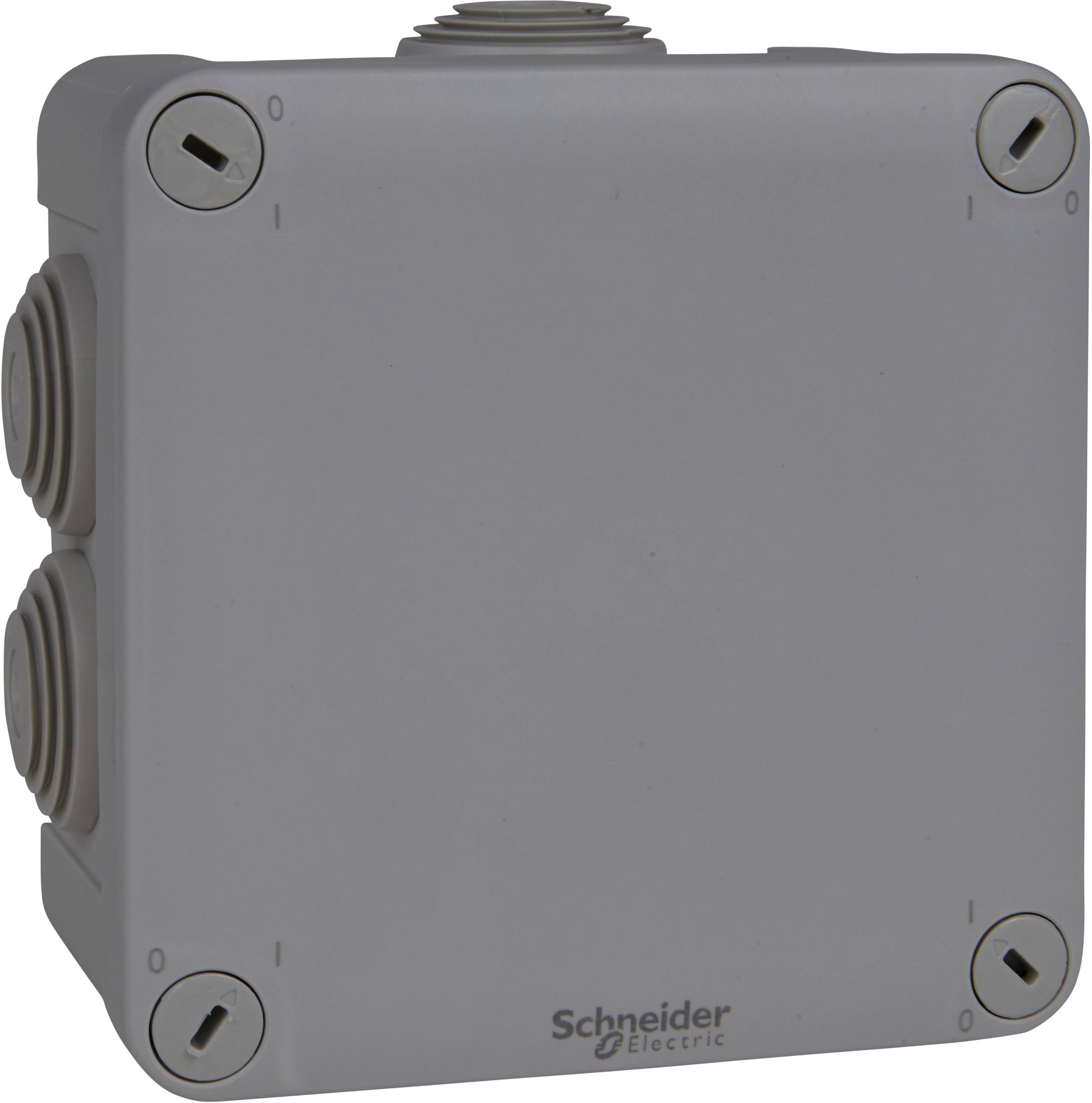 Grå, firkantet forbindelsesdåse med sidelige kabelåbninger, skruelåg og logoet 'Schneider Electric'.