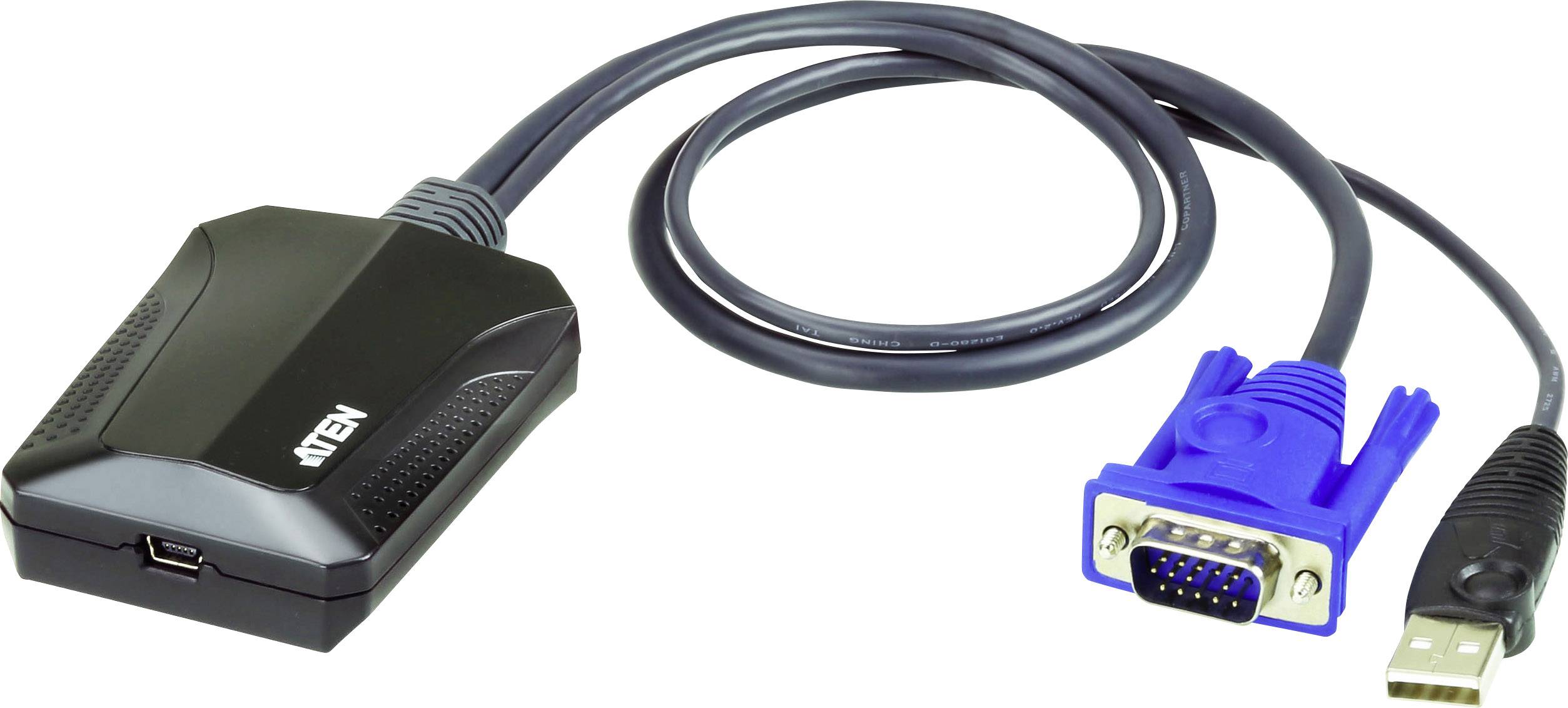 VGA til USB konverteringskabel, viser en sort enhed med en VGA-stik og en USB-stik, som forbinder ældre enheder med moderne computere.