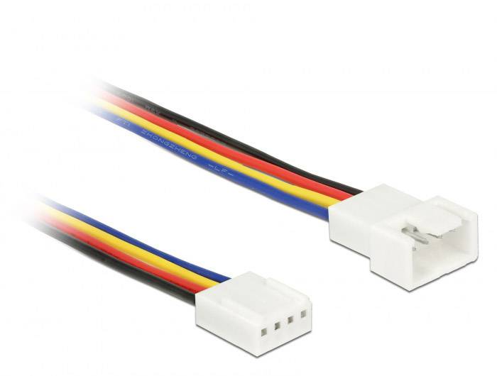 To vierpolede Molex-stik, der forbinder farvede kabler (rød, sort, gul, blå). Bruges til interne computerkomponenter.