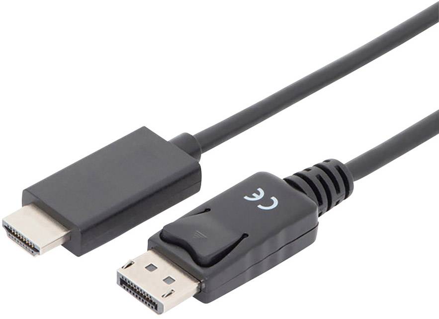 Et sort kabel med et HDMI-stik på den ene side og et DisplayPort-stik på den anden side, til audiovisuel overførsel.