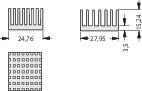 Kølelegemediagram med dimensioner: 24,76 mm bredde, 27,95 mm længde, 15,24 mm højde, 35 mm ribbehøjde. Øverst sidevisning, nederst set oppefra.