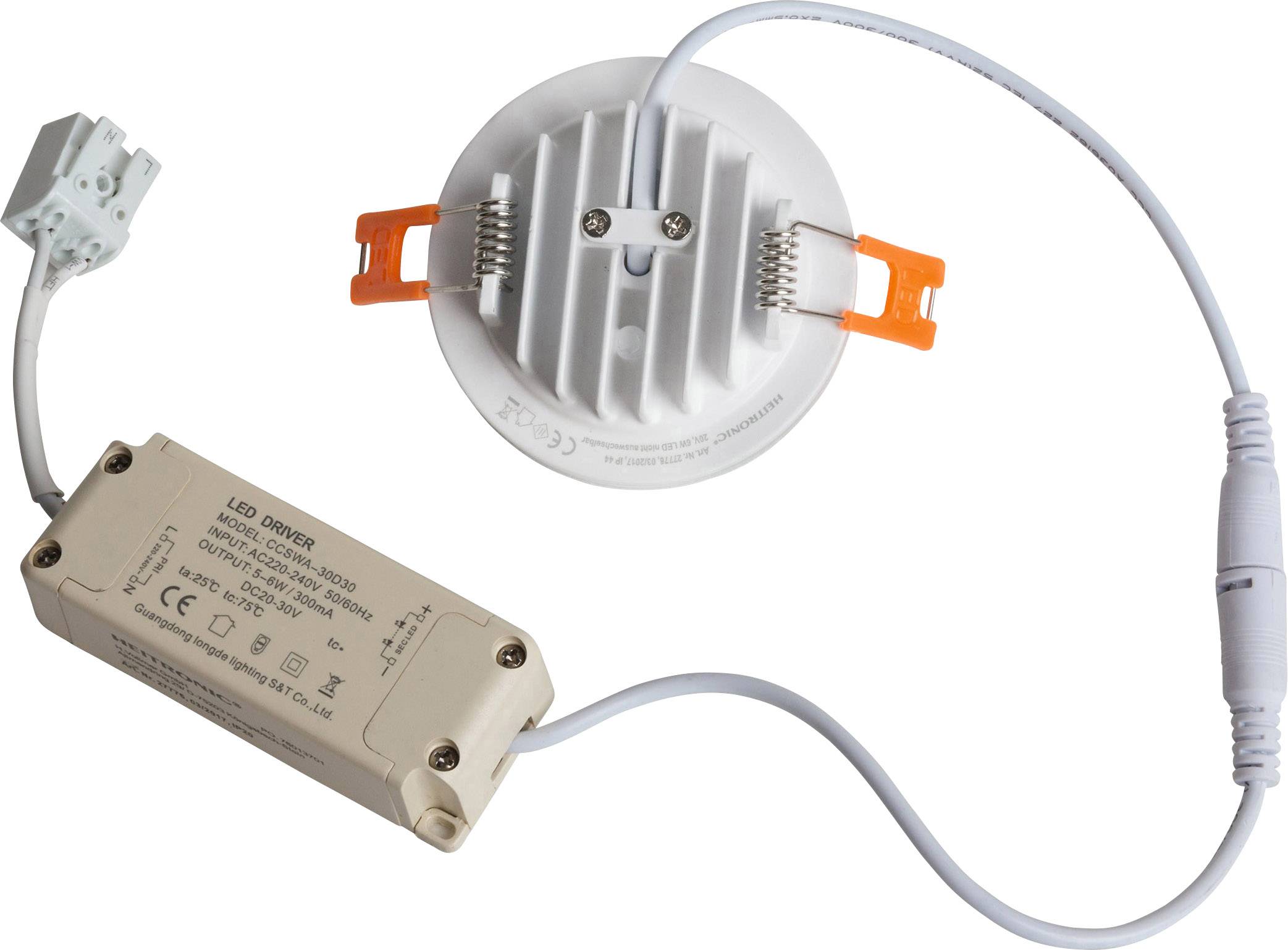 Et LED-downlight med driver, orange clips og tilslutningskabel. Egnet til loftsmontering.