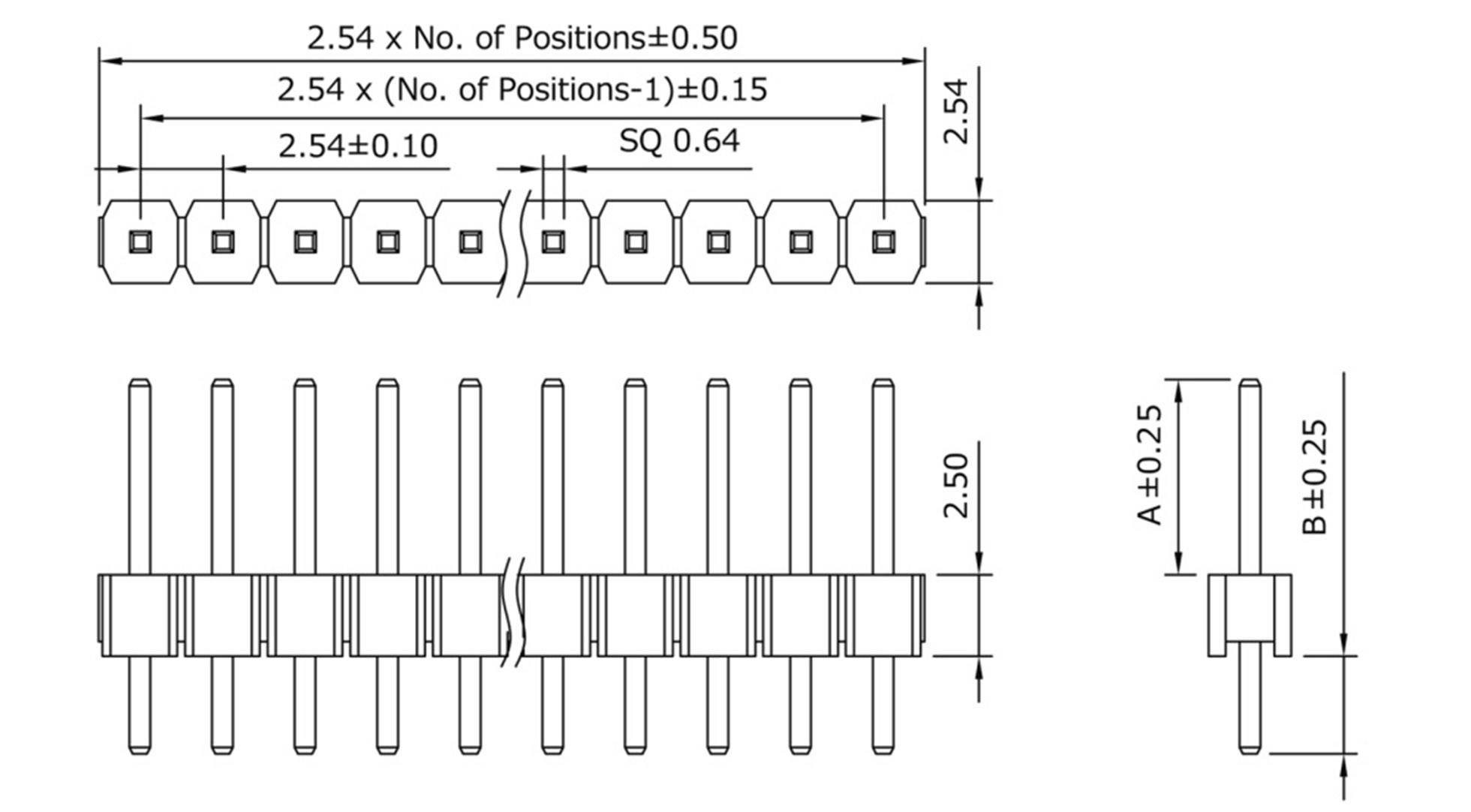 Teknisk tegning af et stikforbindelsesmodul med dimensioner: 2,54 mm rastermål, højde 2,50 mm, bredde ubestemt, firkantede ben.