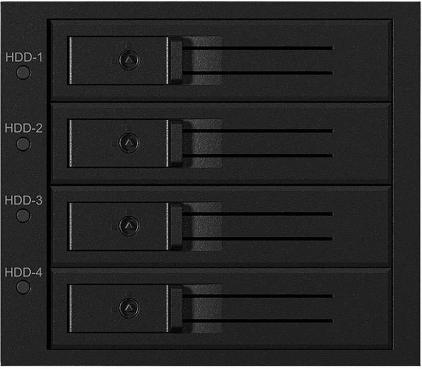 Et sort harddiskstativ med fire pladser, nummereret fra HDD-1 til HDD-4, hver forsynet med en låsemekanisme.