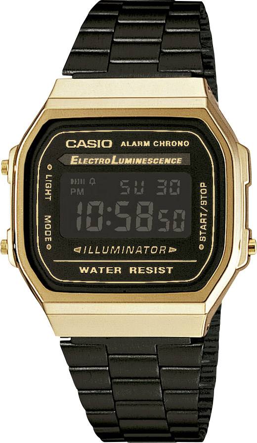 Digital Casio-armbåndsur i guld med sort rem. Visning af tid, dato og ugedag på sort urskive.