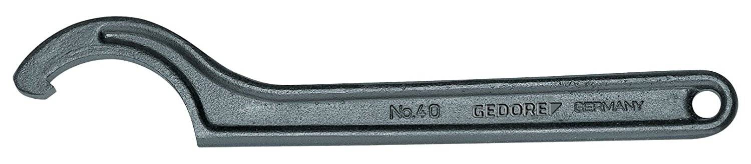 En metalnøgle med krog påskrevet 'No. 40 GEDORE GERMANY', som bruges til at stramme eller løsne runde møtrikker.