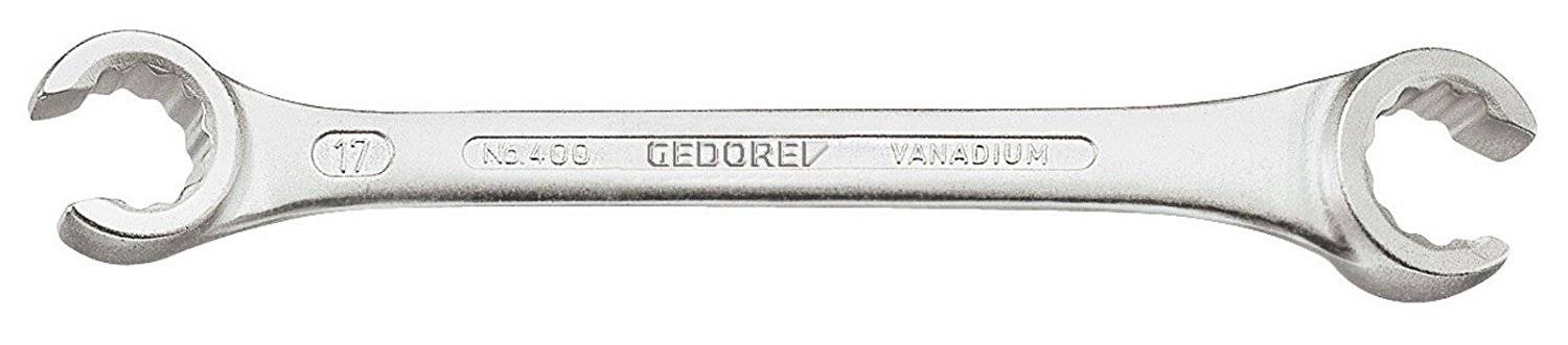 Sølvfarvet gaffelnøgle med indpræget varemærke 'GEDORE VANADIUM'. Egnet til bestemte skruestørrelser i begge ender.