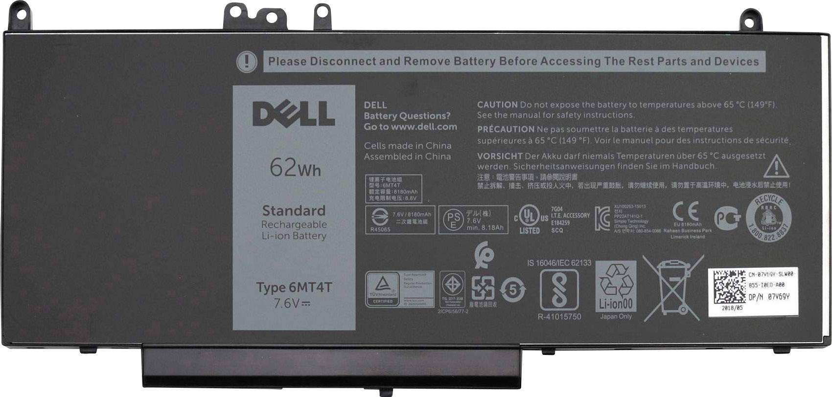 Dell-batteri, 62Wh, genopladeligt, Li-ion, type 6MT4T, 7,6V. Etiket med sikkerhedsinstruktioner og fremstillingssted Kina.