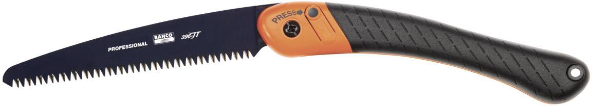 En håndsav med et sort, buet blad og et sort-orange håndtag, velegnet til træarbejde.