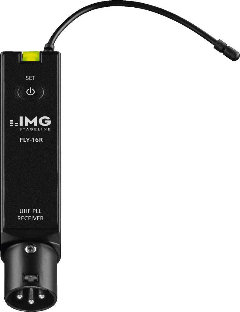 En sort UHF PLL-modtager, Model FLY-16R fra IMG Stageline, med en lille antennetråd øverst og et stik nederst.