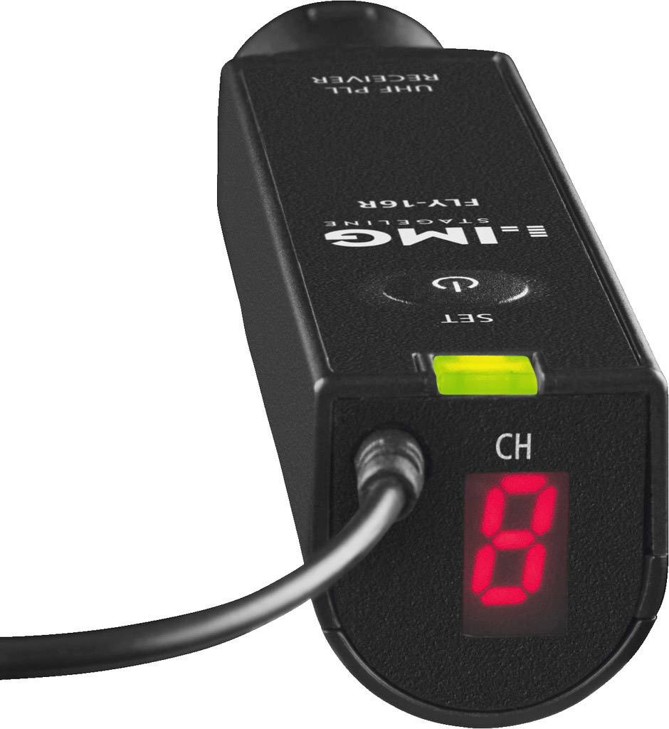 Trådløs modtager med digitalt display viser kanal 8. Sort kabinet med LED-indikator, forbindelseskabel og kontrolknap.
