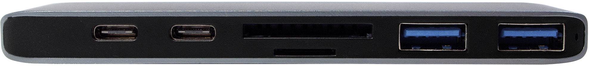 USB-C-hub med to USB-C-porte, SD-kortlæser og to USB-A-tilslutninger, set forfra.