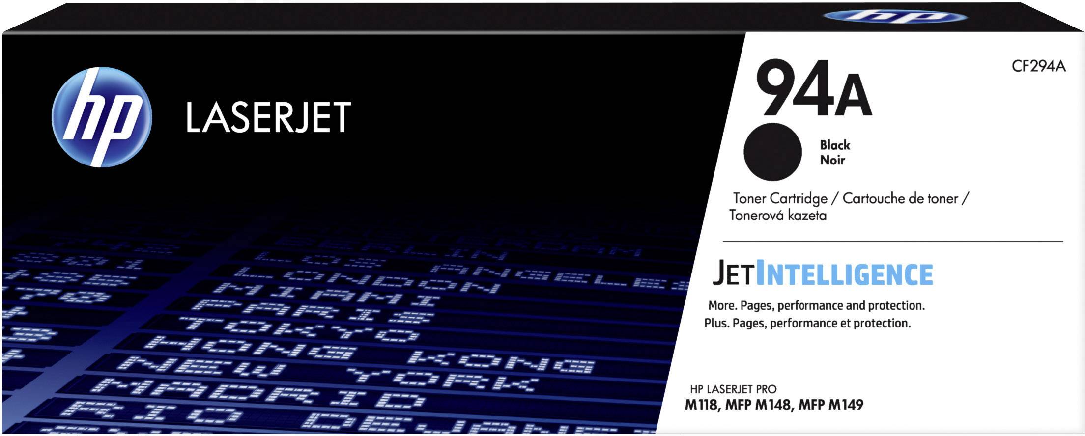En emballage til HP 94A LaserJet Toner i sort. På emballagen står der 'JetIntelligence' og er beregnet til modellerne M118, MFP M148, MFP M149.