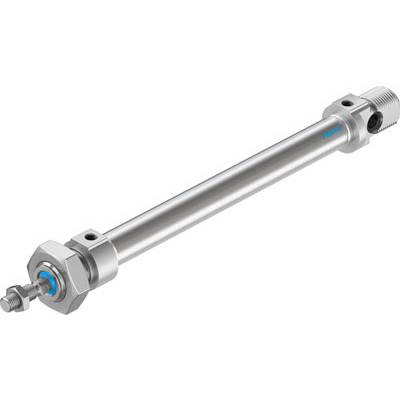 En metallisk cylinder med skrueforbindelser i begge ender, sandsynligvis en pneumatisk cylinder, vist på hvid baggrund.