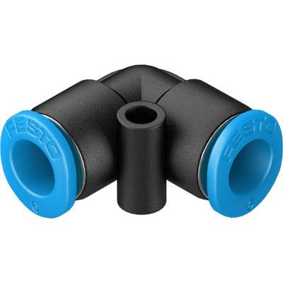 Toveis slangeforbinder i blå og sort plast, L-formet, velegnet til trykluftapplikationer.