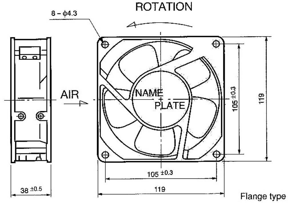 Teknisk tegning af en ventilator med flangetype. Mærket: 'Rotation', 'Luft', 'Navneplade'. Dimensioner: 119x119 mm, 105 mm hullinje.