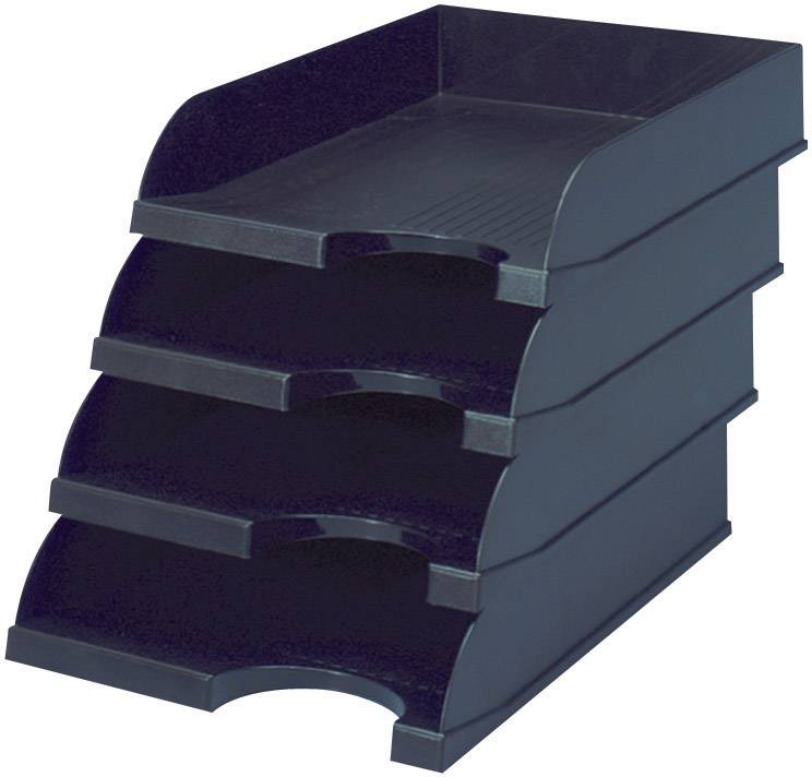 En stabelbar sort papirmappe med fire rum til systematisk opbevaring af dokumenter eller kontormaterialer.