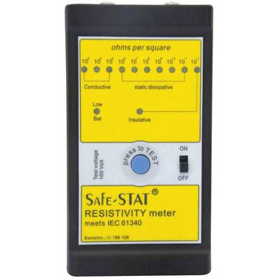 Håndholdt enhed til måling af modstand i megaohm, viser skala fra ledende til isolerende, med tænd/sluk-knap og testknap.