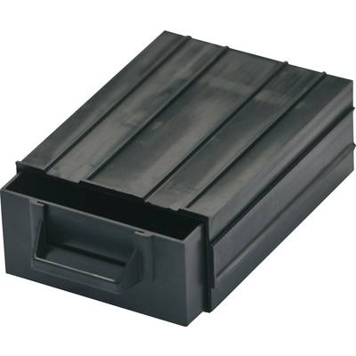 Sort, rektangulær plastikkasse med et håndtag på den ene side. Kassen er åben og tom.