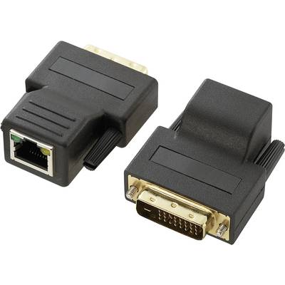 To grafiske adaptere ligger ved siden af hinanden på en hvid overflade: en sort adapter med en RJ45-tilslutning og en anden sort adapter med en DVI-tilslutning.