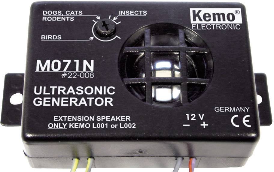 Ultralydgenerator Kemo M071N til afværgelse af dyr som fugle, hunde, katte og insekter; med lydstyrkeregulering og tilslutningsmuligheder.