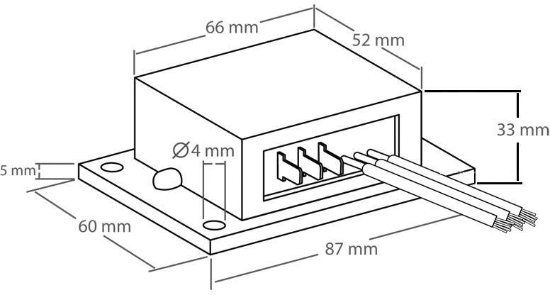 Diagram over en elektronisk komponent med mål: 87 mm længde, 60 mm bredde, 33 mm højde. Forbindelseskabler og monteringshuller synlige.