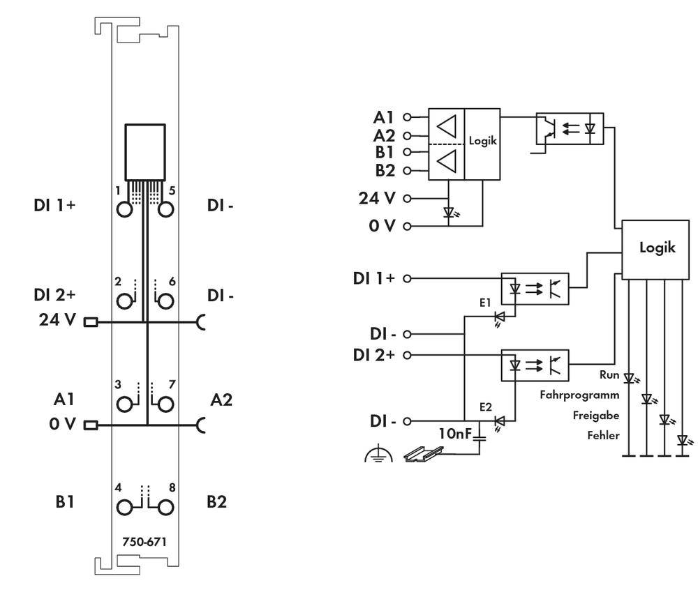 Elektrisk principdiagram for en logikcontroller; viser forbindelser mellem logik, dioder, relæer og spændingsindgange; henvisninger til køreprogram og fejlindikationer.